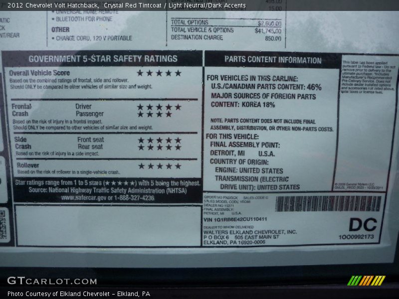  2012 Volt Hatchback Window Sticker