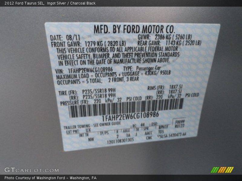 Ingot Silver / Charcoal Black 2012 Ford Taurus SEL