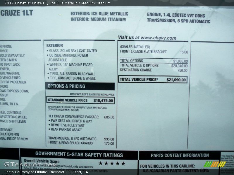 Ice Blue Metallic / Medium Titanium 2012 Chevrolet Cruze LT