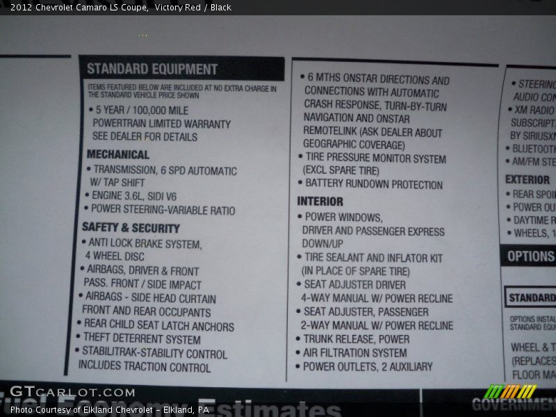  2012 Camaro LS Coupe Window Sticker