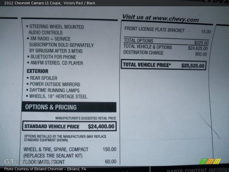  2012 Camaro LS Coupe Window Sticker