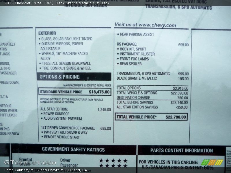 Black Granite Metallic / Jet Black 2012 Chevrolet Cruze LT/RS