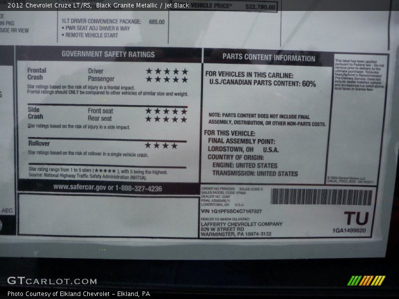 Black Granite Metallic / Jet Black 2012 Chevrolet Cruze LT/RS