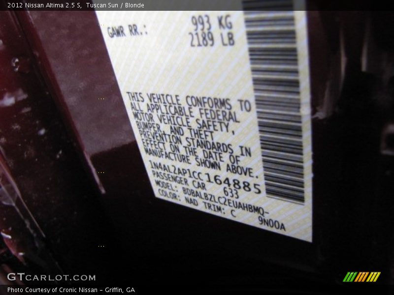 2012 Altima 2.5 S Tuscan Sun Color Code NAD