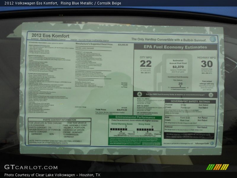  2012 Eos Komfort Window Sticker