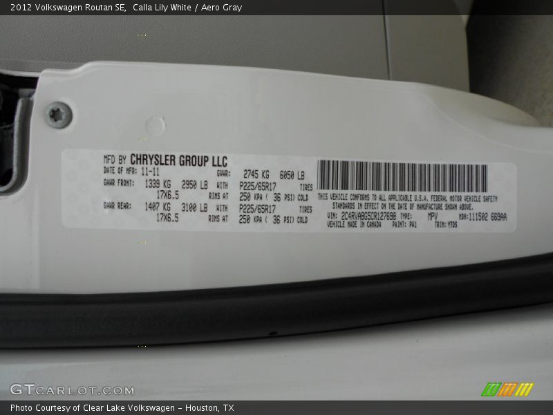 2012 Routan SE Calla Lily White Color Code PW1