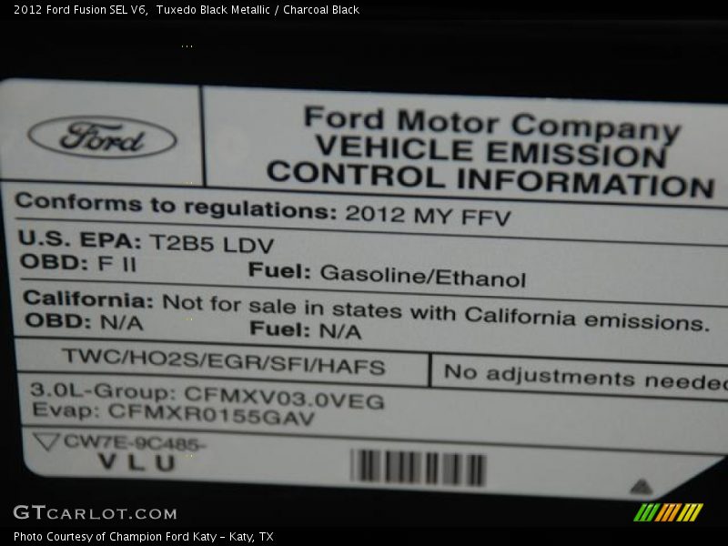 Tuxedo Black Metallic / Charcoal Black 2012 Ford Fusion SEL V6