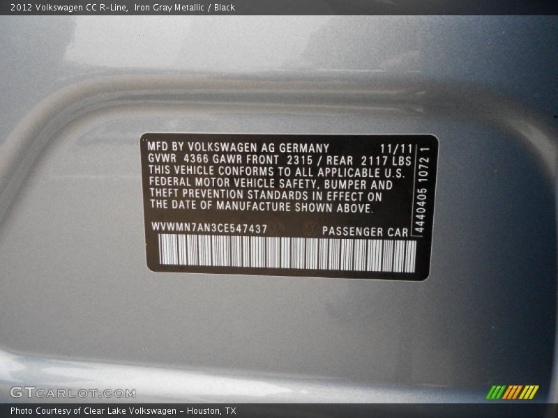Iron Gray Metallic / Black 2012 Volkswagen CC R-Line