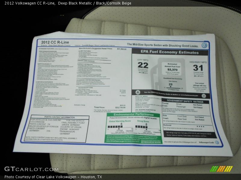 Deep Black Metallic / Black/Cornsilk Beige 2012 Volkswagen CC R-Line