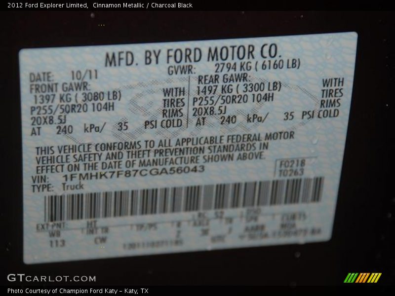 2012 Explorer Limited Cinnamon Metallic Color Code HT