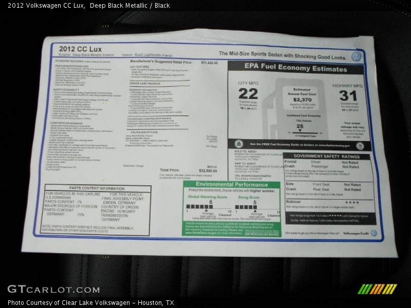 Deep Black Metallic / Black 2012 Volkswagen CC Lux