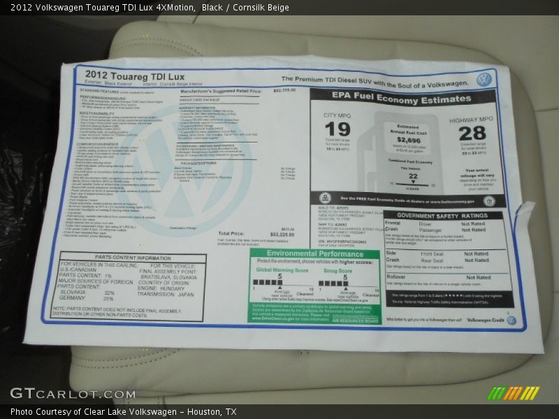 Black / Cornsilk Beige 2012 Volkswagen Touareg TDI Lux 4XMotion
