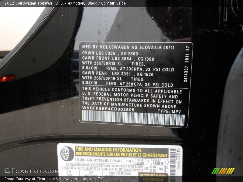 Black / Cornsilk Beige 2012 Volkswagen Touareg TDI Lux 4XMotion