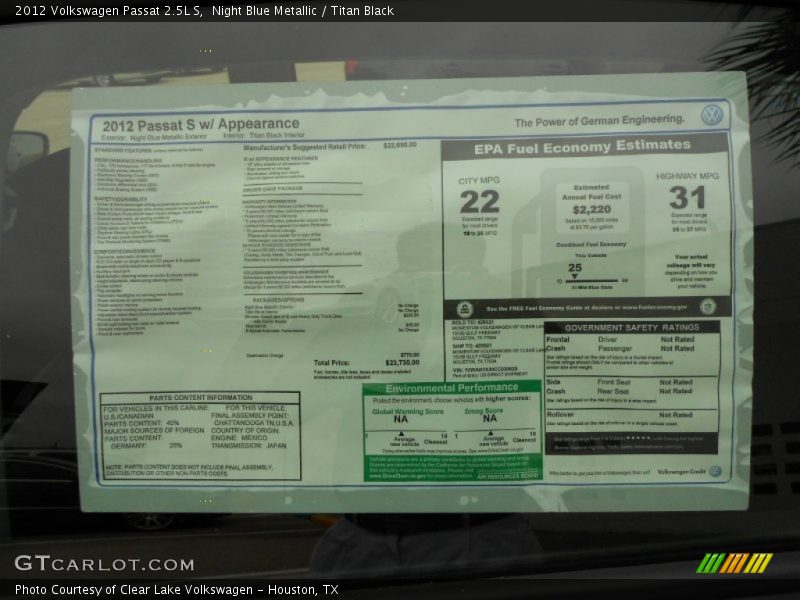  2012 Passat 2.5L S Window Sticker