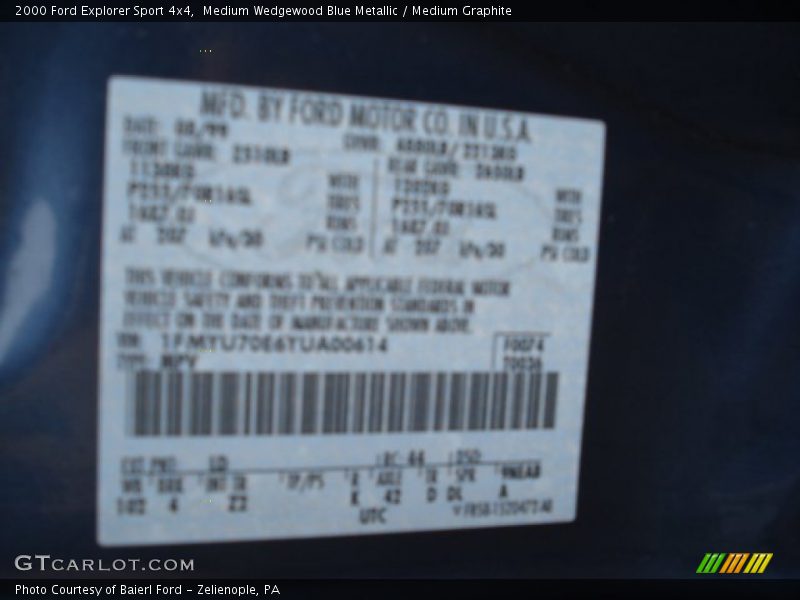 2000 Explorer Sport 4x4 Medium Wedgewood Blue Metallic Color Code LD