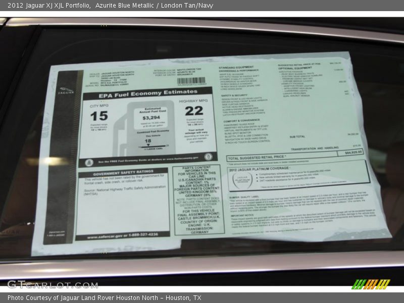  2012 XJ XJL Portfolio Window Sticker