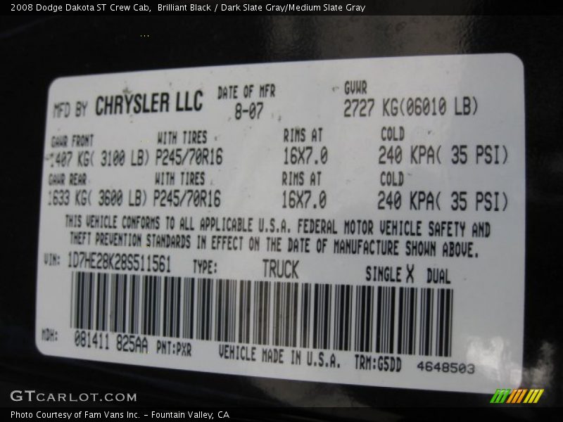 2008 Dakota ST Crew Cab Brilliant Black Color Code PXR