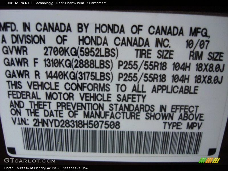 Dark Cherry Pearl / Parchment 2008 Acura MDX Technology