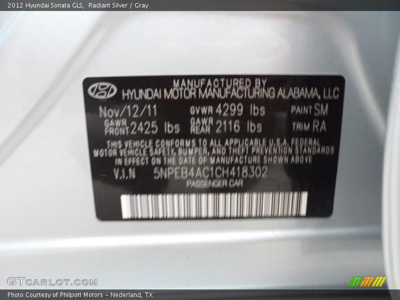 Radiant Silver / Gray 2012 Hyundai Sonata GLS