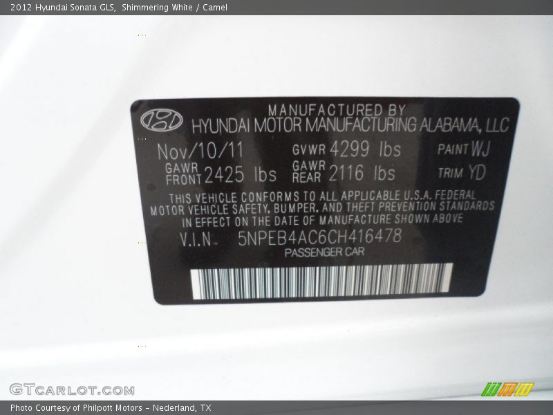 Shimmering White / Camel 2012 Hyundai Sonata GLS