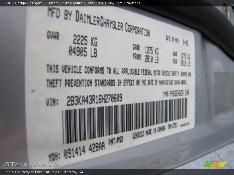 Bright Silver Metallic / Dark Slate Gray/Light Graystone 2006 Dodge Charger SE