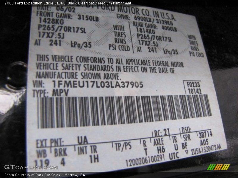 2003 Expedition Eddie Bauer Black Clearcoat Color Code UA