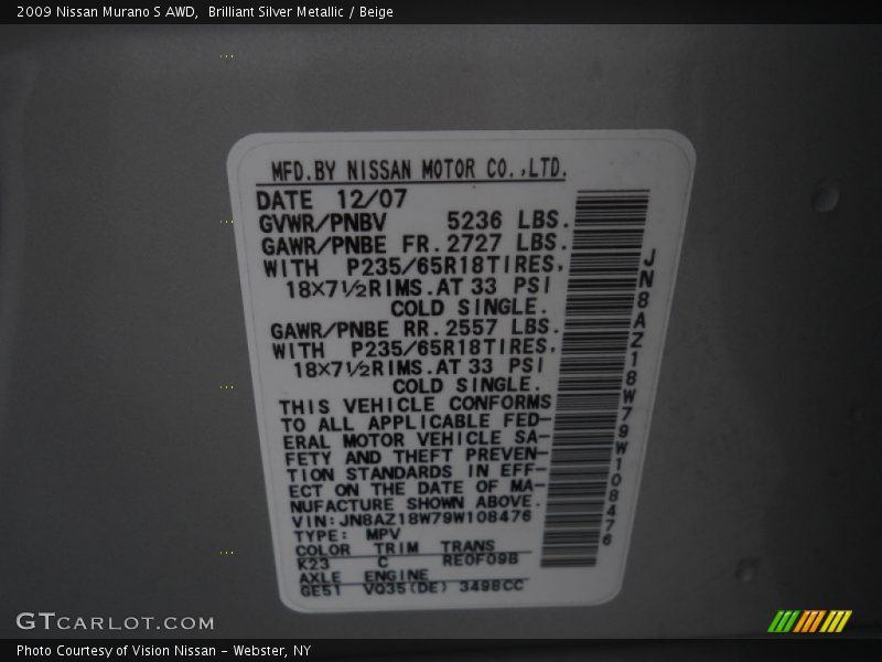 2009 Murano S AWD Brilliant Silver Metallic Color Code K23
