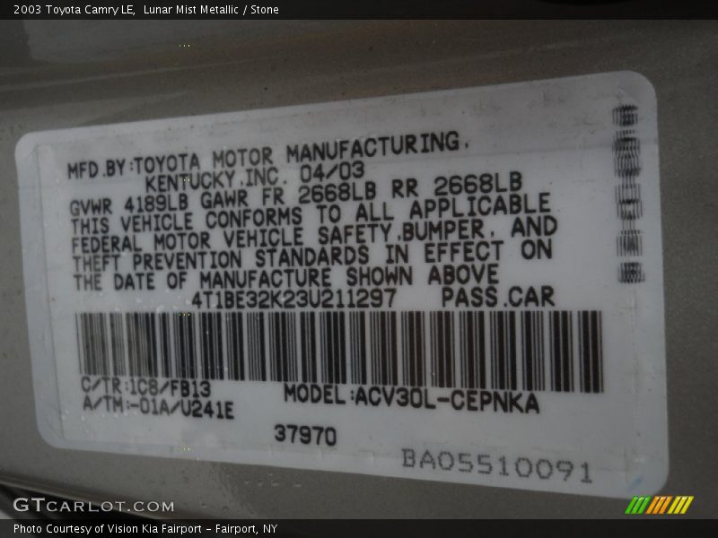 2003 Camry LE Lunar Mist Metallic Color Code 1C8