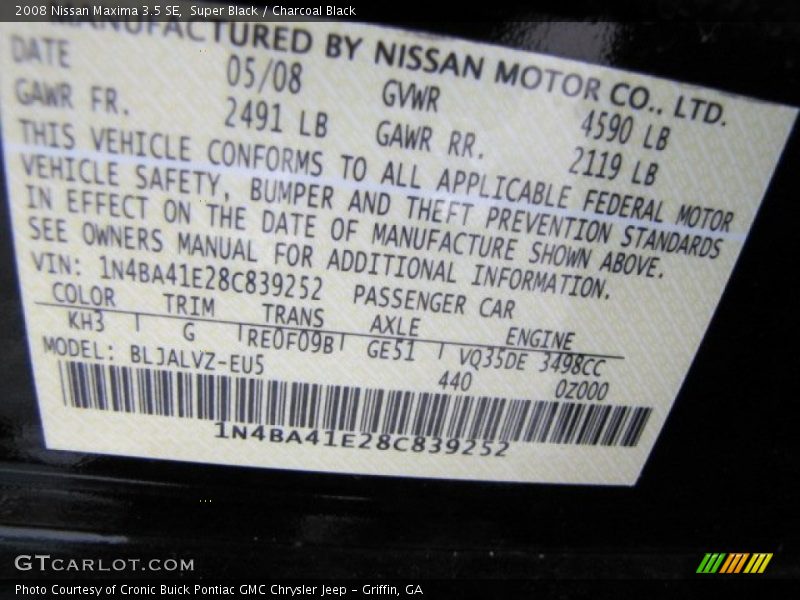 Super Black / Charcoal Black 2008 Nissan Maxima 3.5 SE