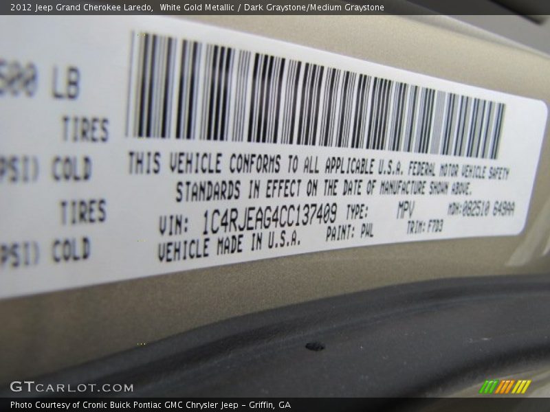 White Gold Metallic / Dark Graystone/Medium Graystone 2012 Jeep Grand Cherokee Laredo