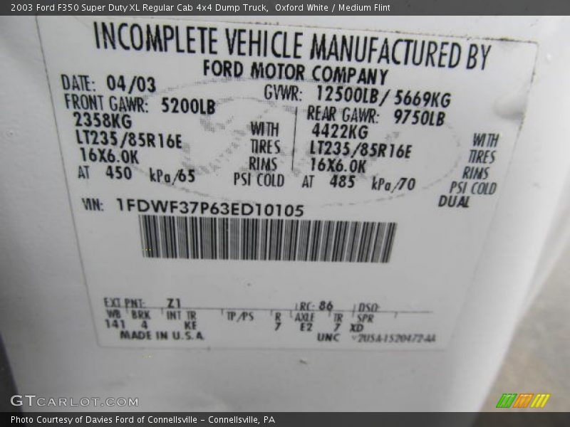 2003 F350 Super Duty XL Regular Cab 4x4 Dump Truck Oxford White Color Code Z1