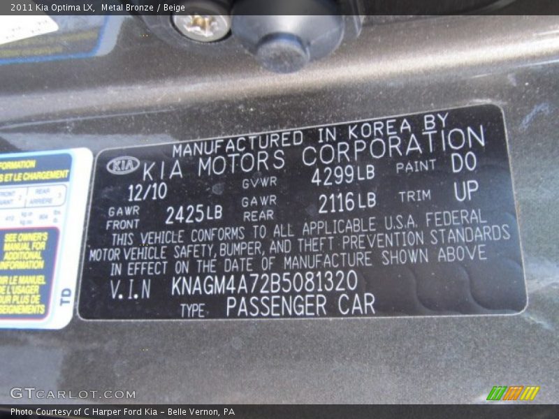 Metal Bronze / Beige 2011 Kia Optima LX