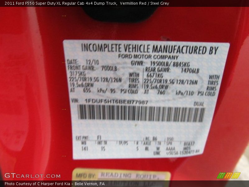 2011 F550 Super Duty XL Regular Cab 4x4 Dump Truck Vermillion Red Color Code F1
