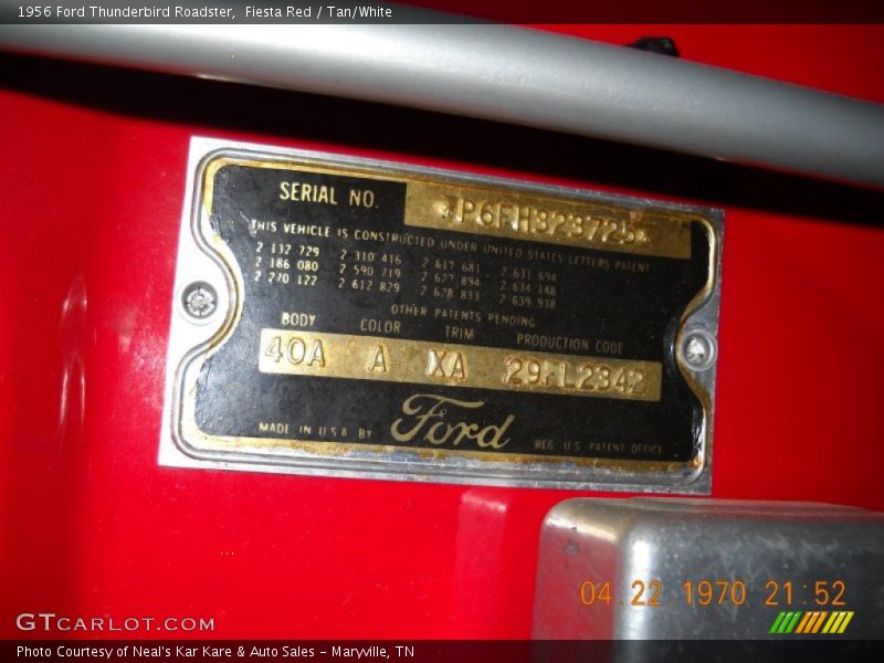 Info Tag of 1956 Thunderbird Roadster
