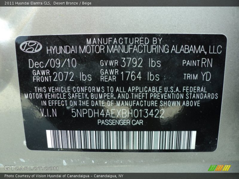 Desert Bronze / Beige 2011 Hyundai Elantra GLS