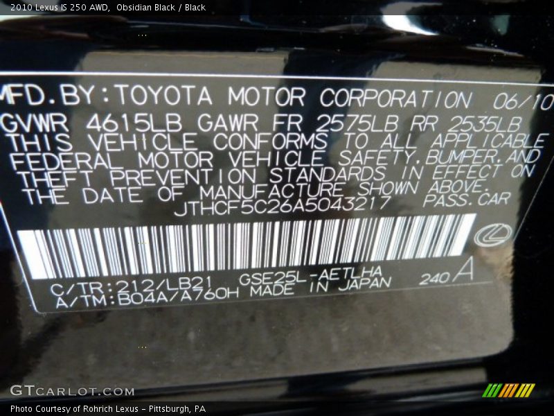 Obsidian Black / Black 2010 Lexus IS 250 AWD