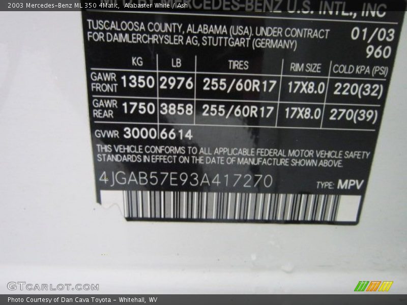 Alabaster White / Ash 2003 Mercedes-Benz ML 350 4Matic