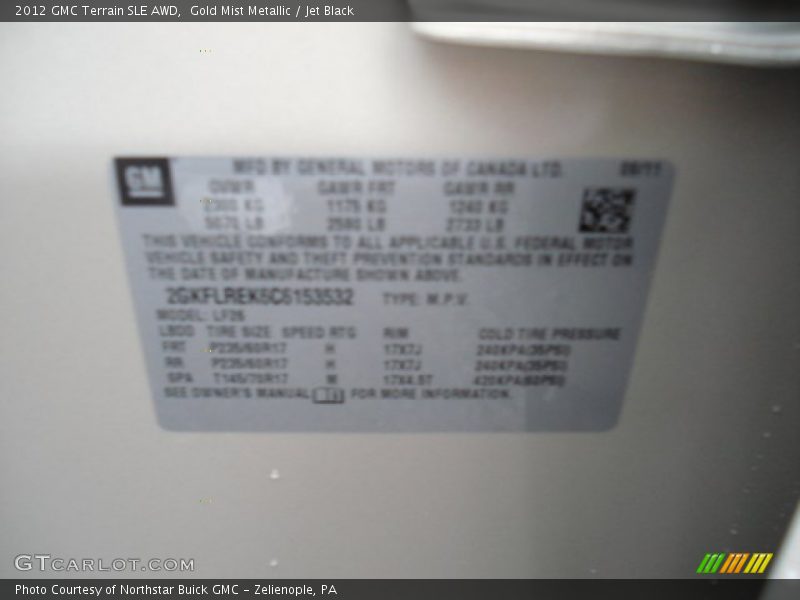 Gold Mist Metallic / Jet Black 2012 GMC Terrain SLE AWD