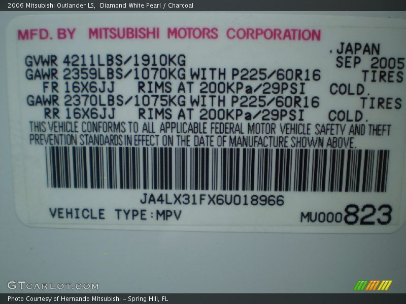 Diamond White Pearl / Charcoal 2006 Mitsubishi Outlander LS