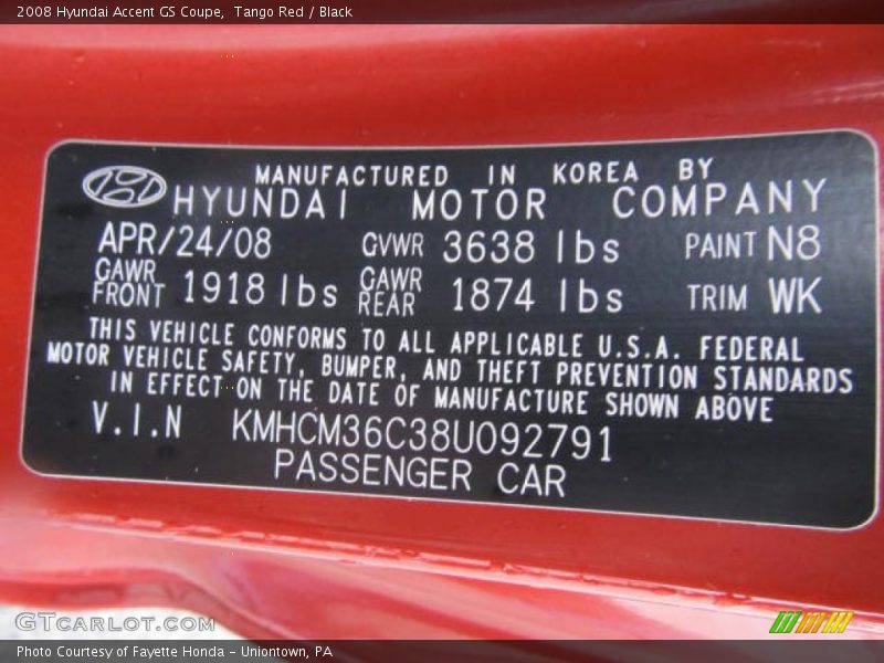 Tango Red / Black 2008 Hyundai Accent GS Coupe