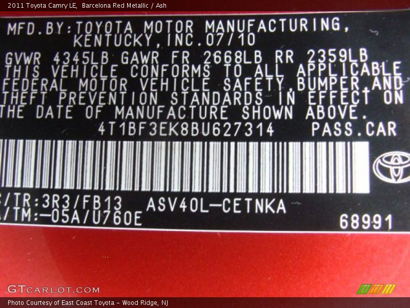 Barcelona Red Metallic / Ash 2011 Toyota Camry LE