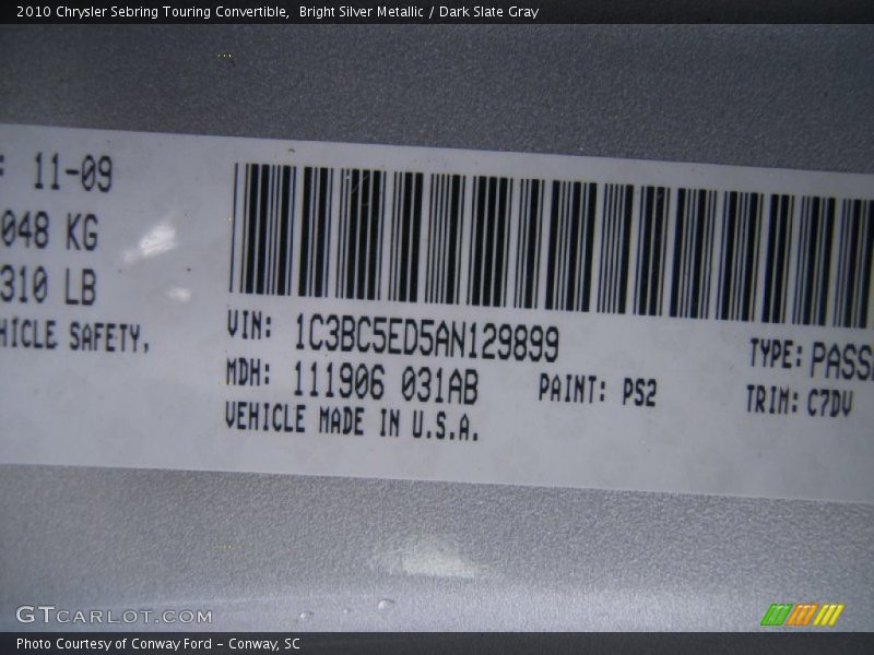 Bright Silver Metallic / Dark Slate Gray 2010 Chrysler Sebring Touring Convertible