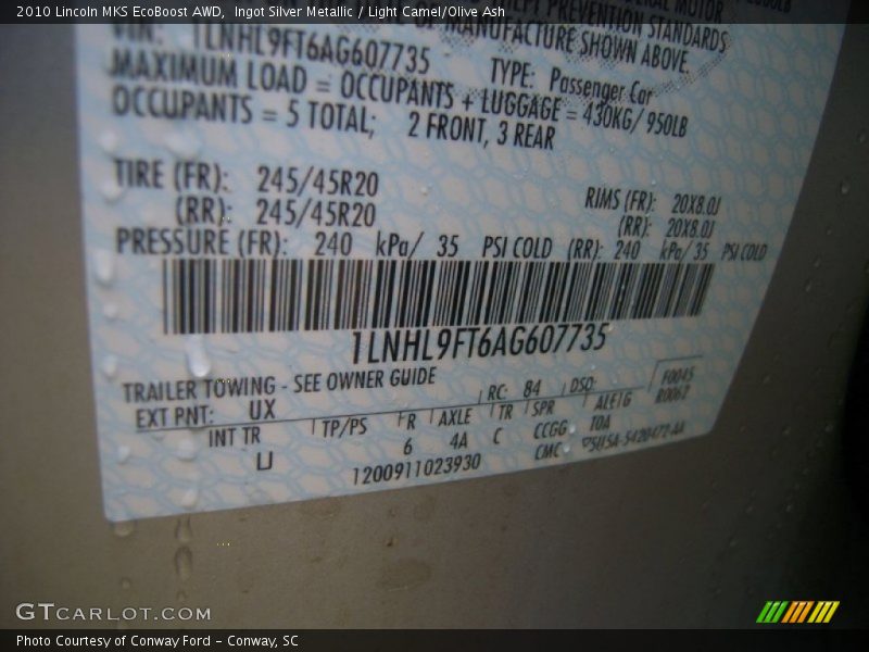2010 MKS EcoBoost AWD Ingot Silver Metallic Color Code UX