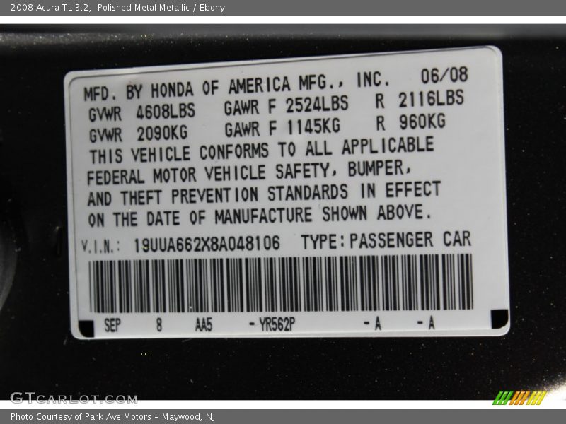 Polished Metal Metallic / Ebony 2008 Acura TL 3.2