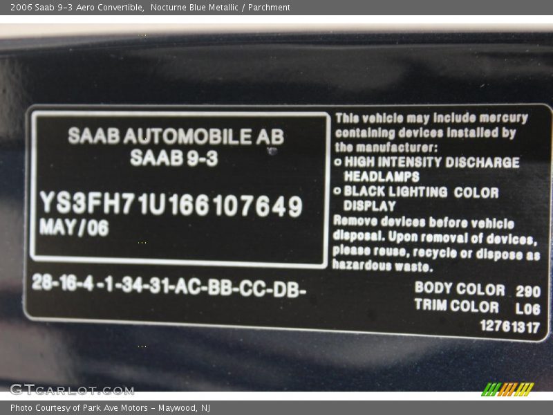 Info Tag of 2006 9-3 Aero Convertible