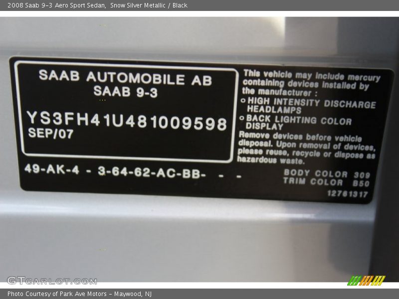 2008 9-3 Aero Sport Sedan Snow Silver Metallic Color Code 309