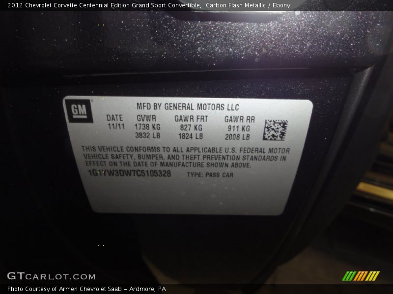 Info Tag of 2012 Corvette Centennial Edition Grand Sport Convertible