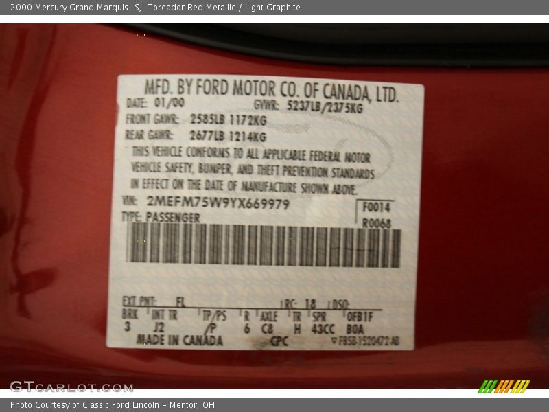 2000 Grand Marquis LS Toreador Red Metallic Color Code FL