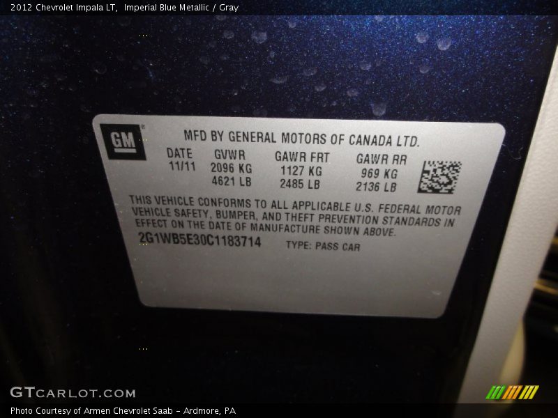 Imperial Blue Metallic / Gray 2012 Chevrolet Impala LT