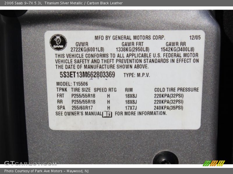 Info Tag of 2006 9-7X 5.3i